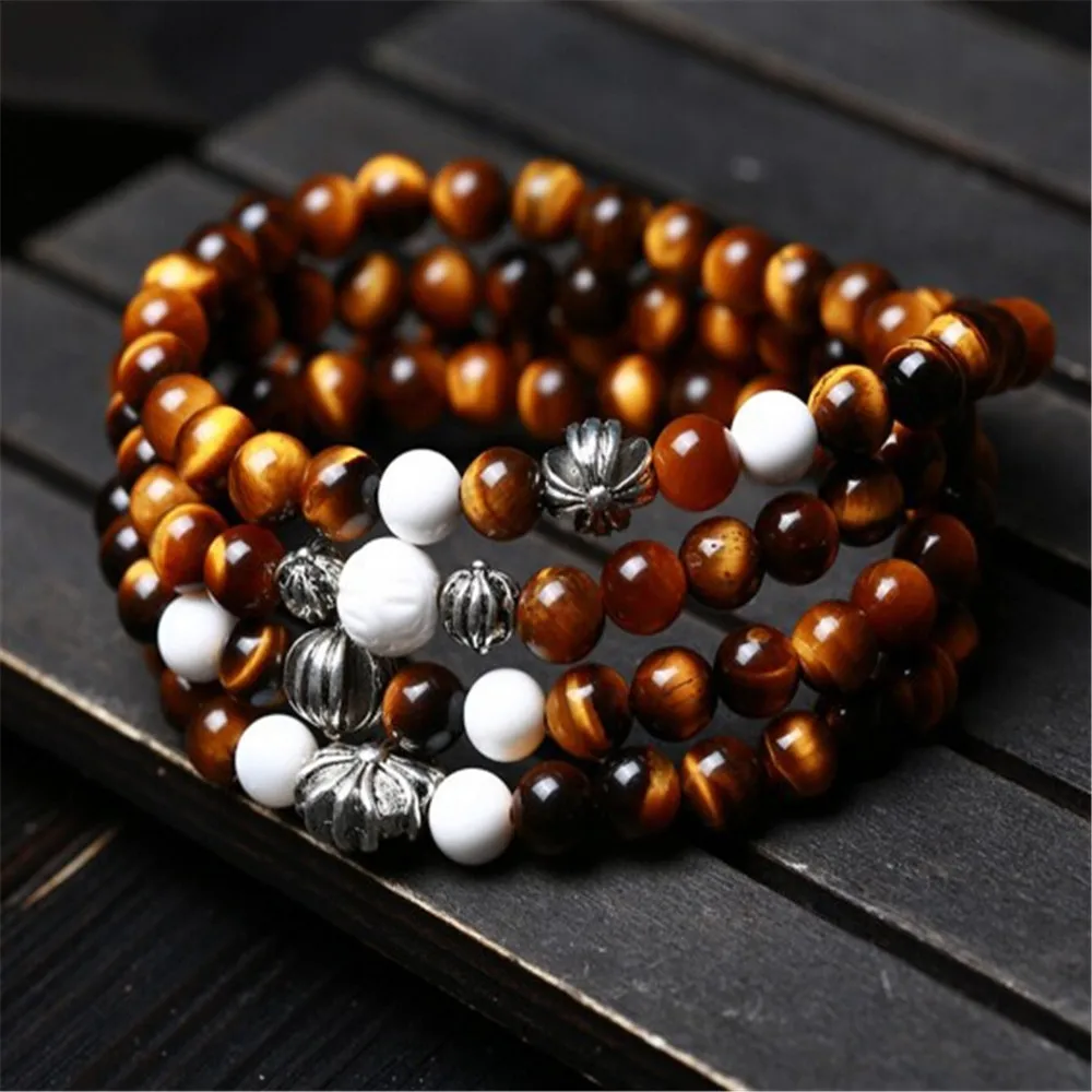 

New Design AAA Natural Crystal Yellow Tiger Eye Stone 108 Beads Mala Tibetan Silver Charm Fashion Men and Women Strand Bracelet