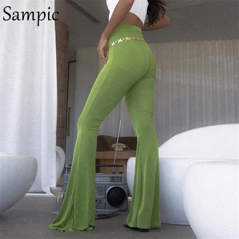 Sampic 2021 Fashion Green Sexy Women Black High Waisted Skinny Knitted Sweat Pants Long Ladies Trousers Bodycon Flared Pants