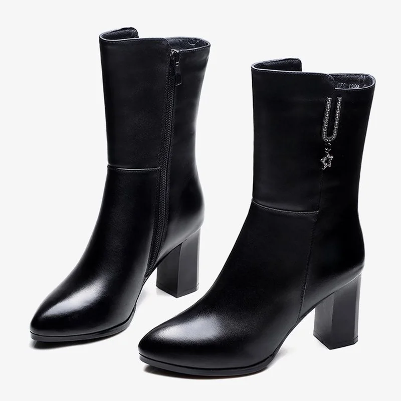 

Fashion High Heel Boots Women Mid Calf Boots Winter Shoes Women Pointed Leather Boots Female Winter Boots Black Botas Mujer