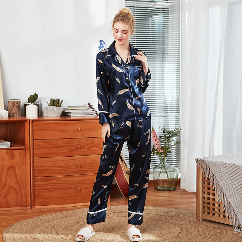 

YAO TING 2019 printing Leaf Silk pajamas women sleepwear autumn sexy fashion comfortable soft girl Sleepwear Suit 1107