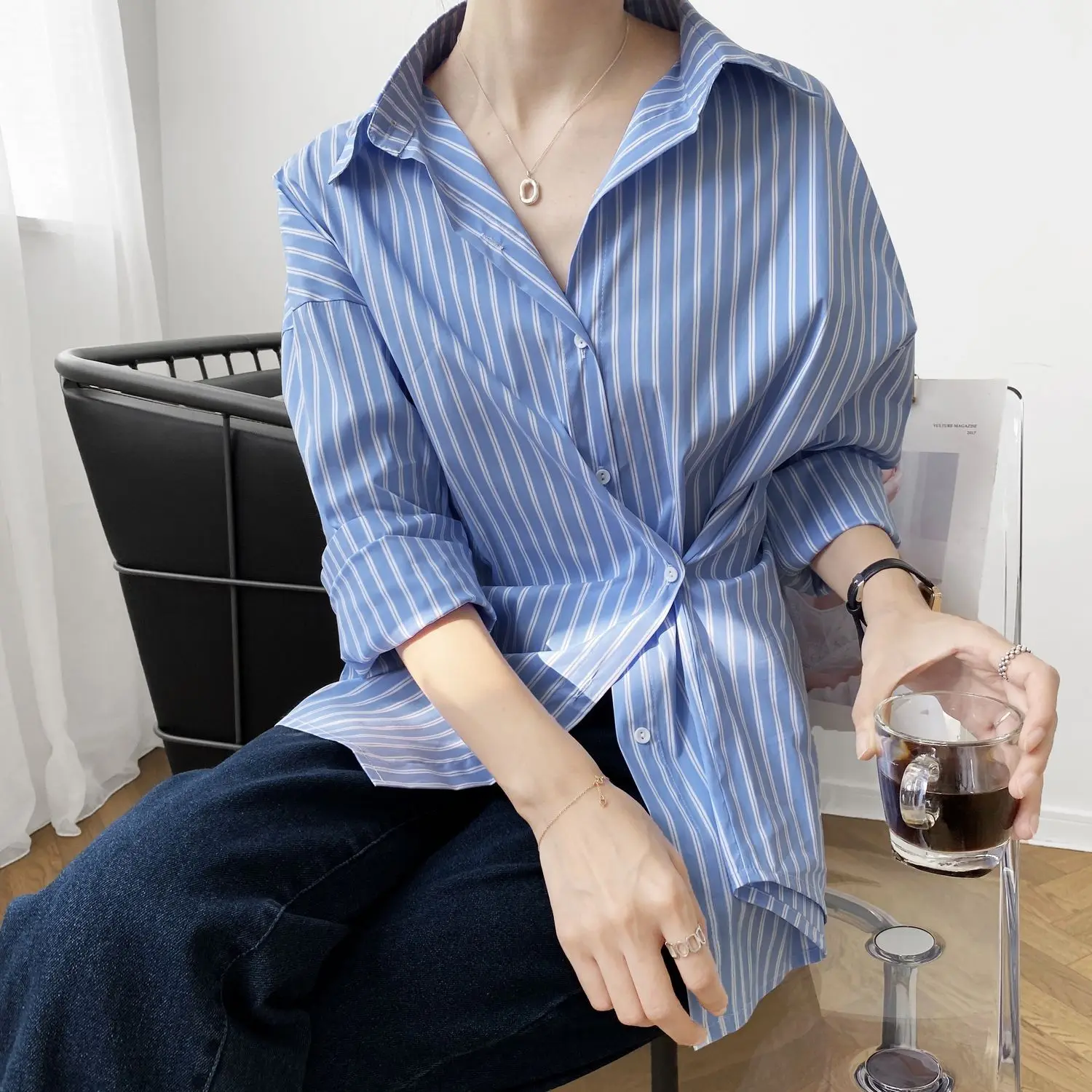 

2020 Autumn New Korean Style Women's Loose Irregular Design Striped Long Sleeve Shirt Blouse