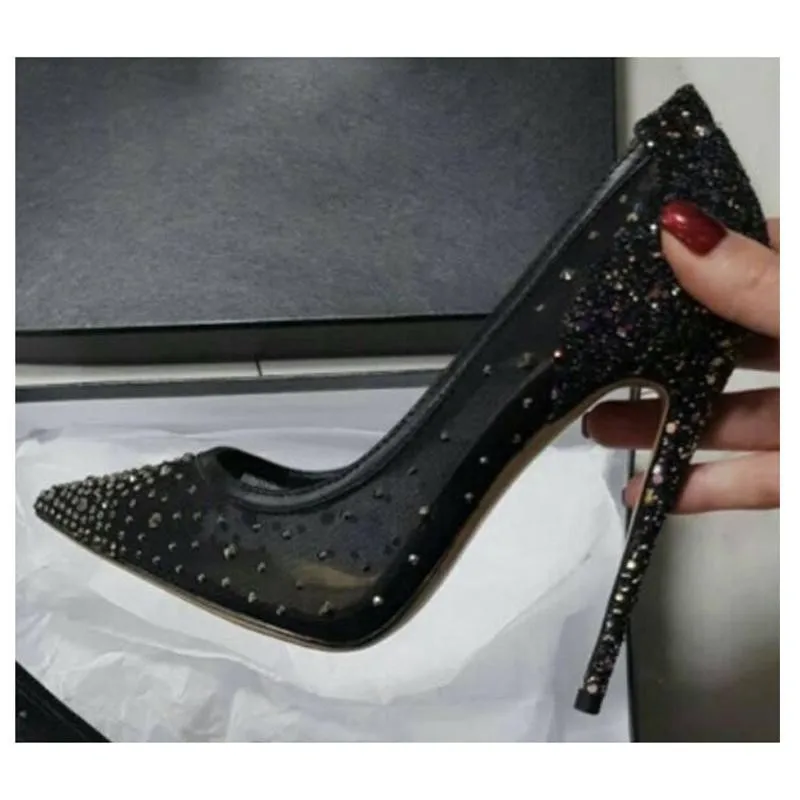 

MKKHOU fashion single shoe women 2020 summer new black mesh pointed rhinestone 12cm high heels women's shoes sizes 34-45