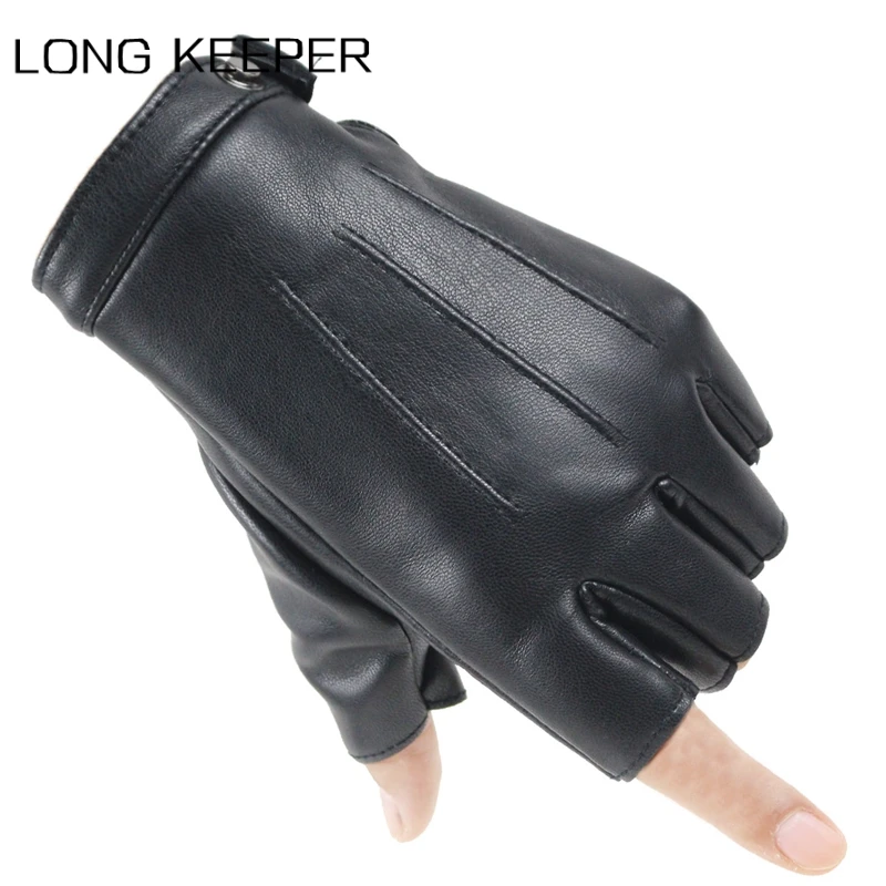 

LongKeeper New Men's Dance Gloves Fingerless PU Leather Mittens for Party Show Luvas for Male Half Finger Black Guantes Ciclismo
