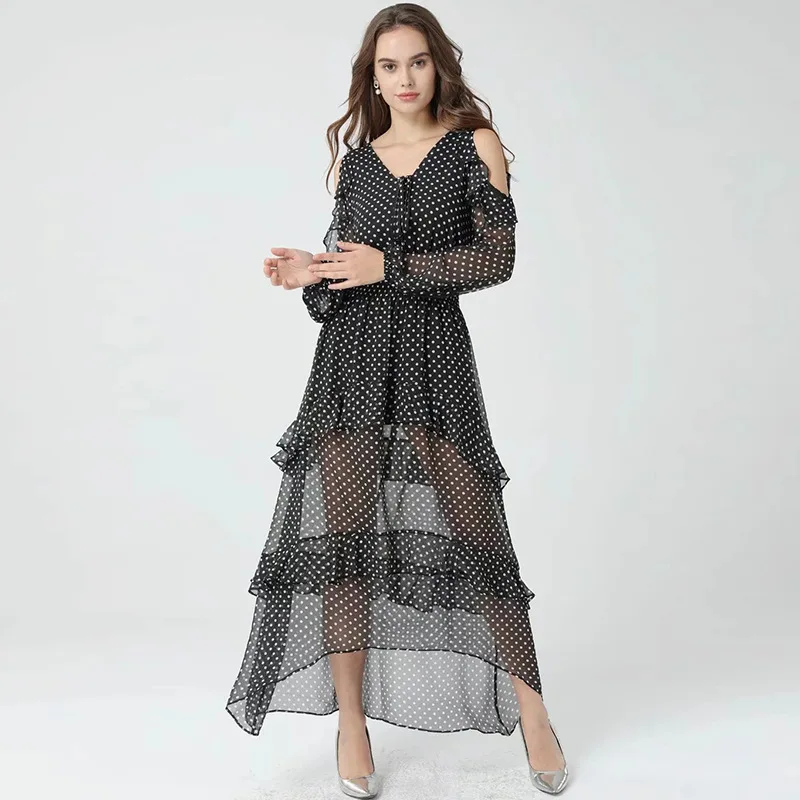

Fashion Vacation Style Women's 2021 Spring/Summer New V-neck off-the-Shoulder Stitching Elegant Irregular Long Dress