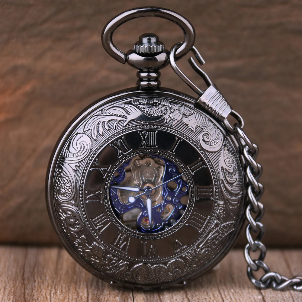 Black Steampunk Roman Numerals Display Skeleton Hand Style Mechanical Pocket Watch Retro Gentleman Men's Pendant Accessories