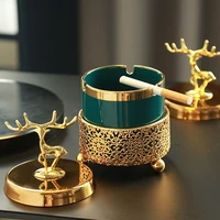 creative nordic style light luxury dust proof ceramic ashtray with cover gold frame dark green can be used as cotton sign