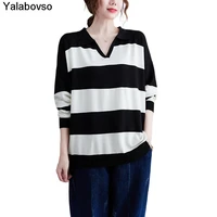 2021 autumn new striped tees for female 3colors tops and pulloverspolo neck womens korean lapel long sleeve sweaters