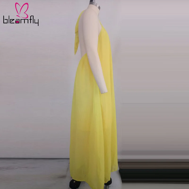 Однотонное женское Шифоновое Платье макси с лямкой на шее сексуальное шнуровке