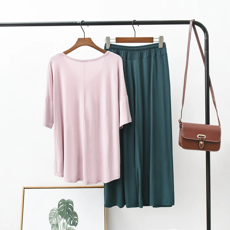 

Summer new style modal V-neck sleeved T-shirt drawstring elastic waist wide-leg pants ladies casual color matching suit