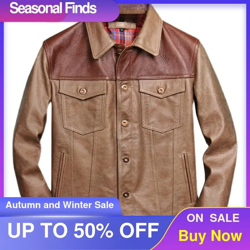 

2021 Brown Casual Style Genuine Leather Jacket Men Plus Size 4XL Double Pockets Real Natural Cowhide Autumn Short Spliced Coat