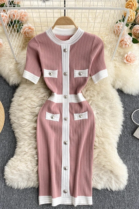 

2021 Summer New Fashion Women Korean Elegant O-Neck Short Sleeve Mini Knitted Drsss Vestidos De Mujer J329
