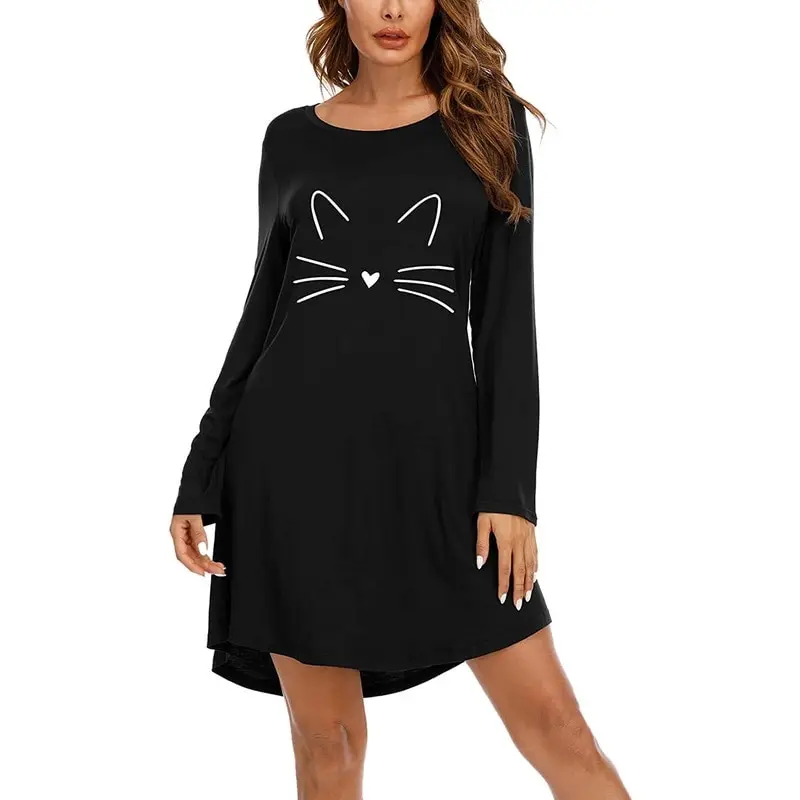 

Oeak Night Dress Women Nightgown Cartoon Print Sleepshirts Pregnant Woman Long-sleeve Nightie Nightdress Cotton Sleepwear