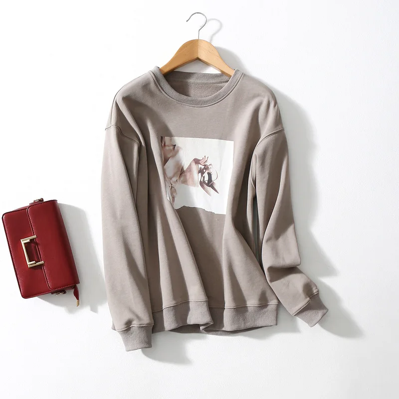 

100% Cotton 2021 Early Spring New Women Hoodie Fashion Print Round Neck Long Sleeve Pullover Sweatshirt Top Women