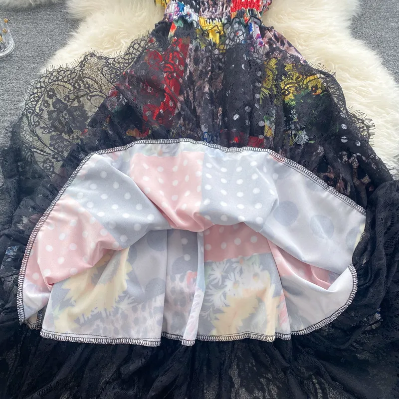 

Summer Dress For Women Version Printed Square Collar Stitching Lace A-line Sling Dress Fashion Sweet Slim Robe Femme Vestidos