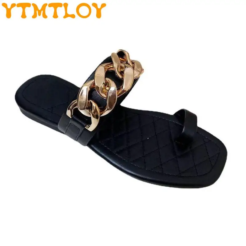 

2021 Summer New Style Square Headgear Toe Small Fragrant Wind Metal Chain Slippers Female Foreign Trade Large Size Cross-border