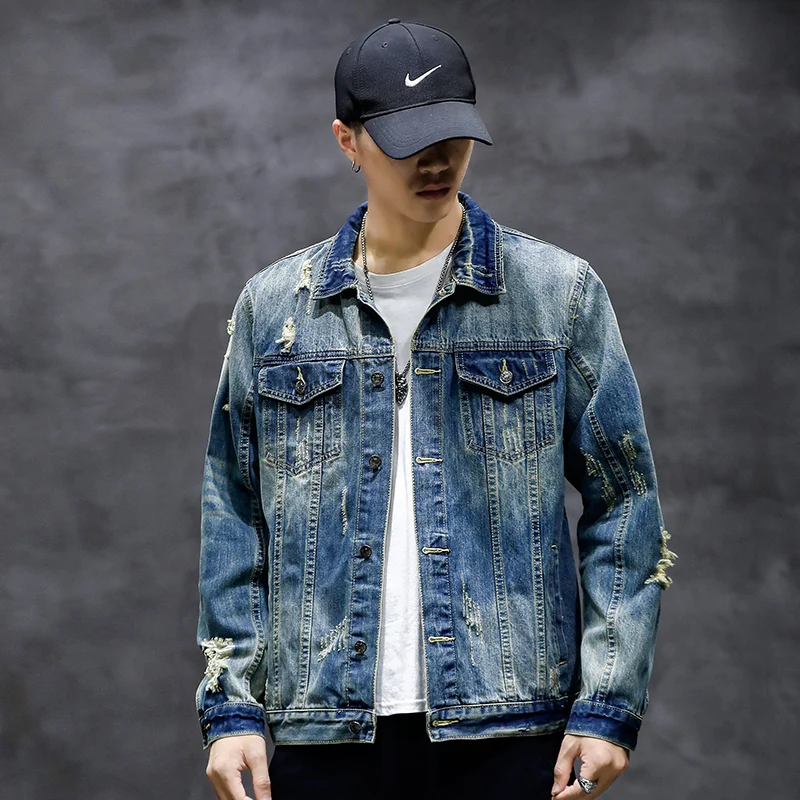 Джинсовая куртка мужская с рваными дырками винтажная хлопковая модная