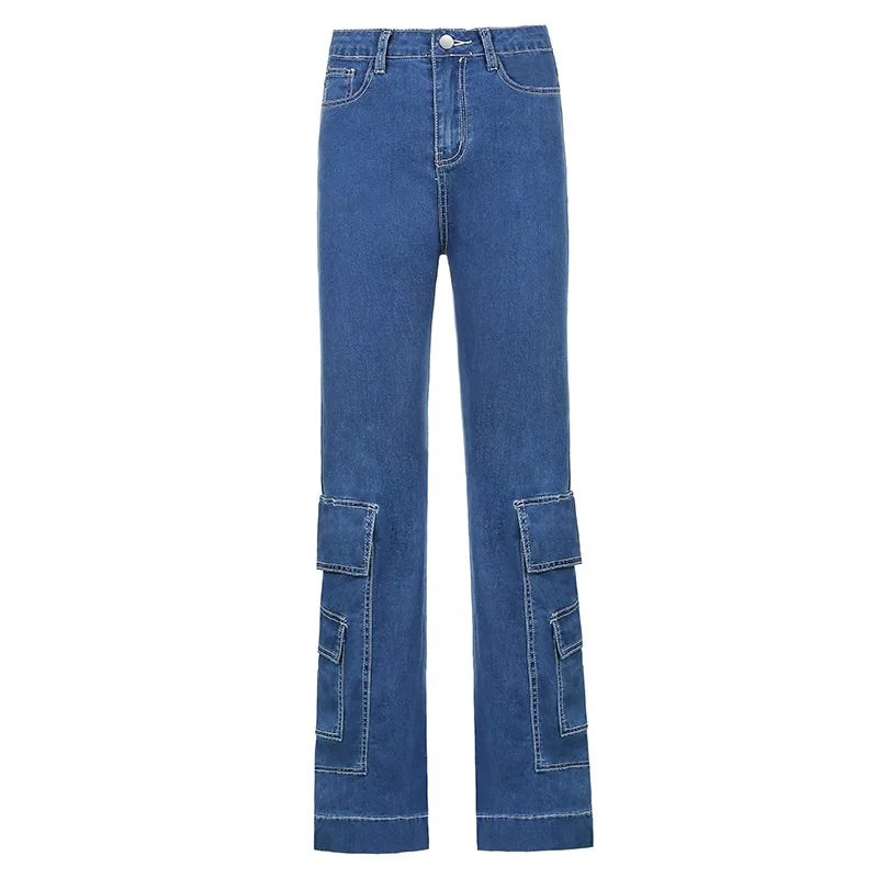 

Jeans Women's Casual High Waist Wide-leg Mopping Trousers Dark blue Big Pockets Design Streetwear Straight Cotton Cargo Pants