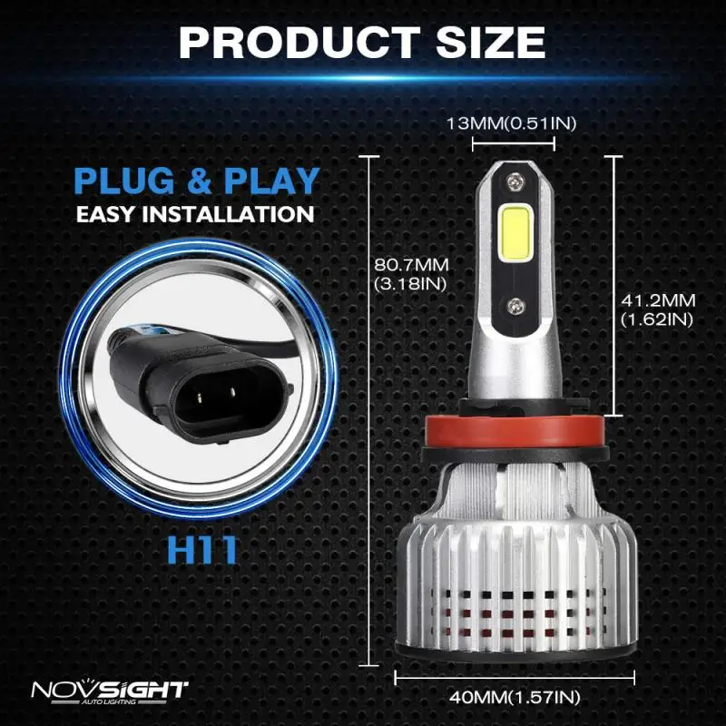 

2pcs H11 LED Headlight Bulb Conversion Kit 72W 10000LM 6500K Pure White A500-N12 Car Headlight Bulbs 360 Degree Beam