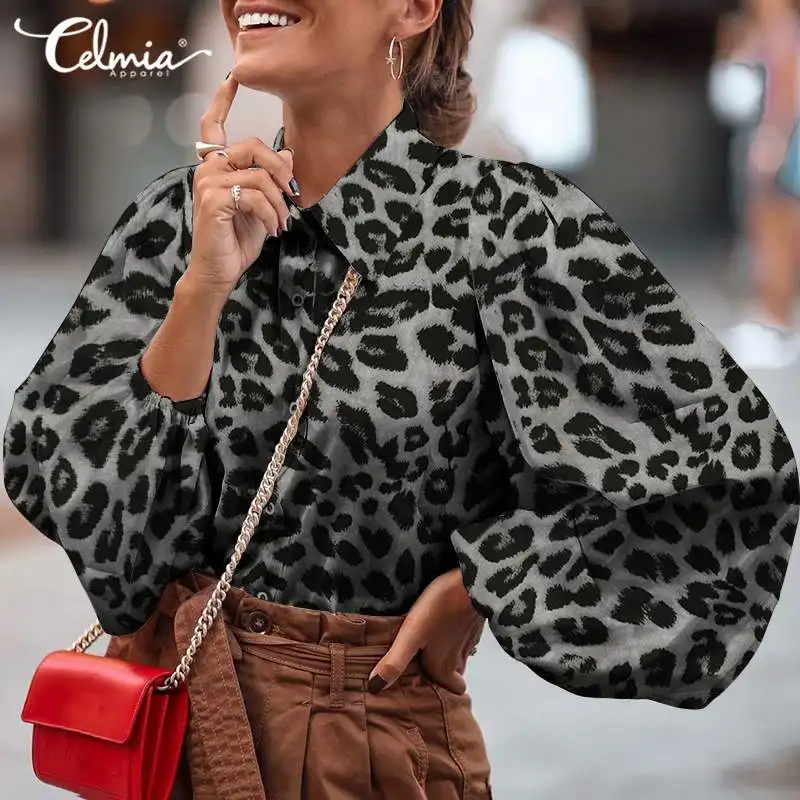 

Celmia Women Tunic Tops Autumn Lantern Sleeve Shirts 2021 Leopard Print Blouses Spring Casual Loose Lapel Buttons Vintage Blusas