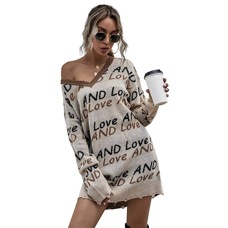 

Off the shoulder tops For Women V-Neck Long Sweater dress Letter long sleeve Pullovers Sweaters Fall women clothing 2020