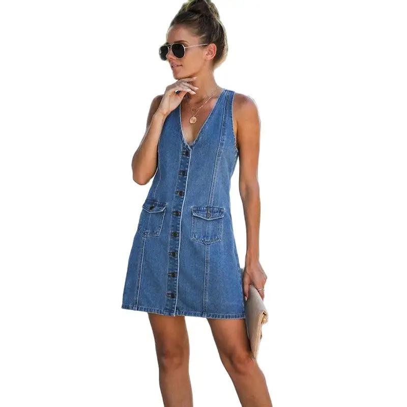 

European American Hot Style 2021 Summer Sexy V-neck Halter Strap Denim Vest Dress Women's Clothing