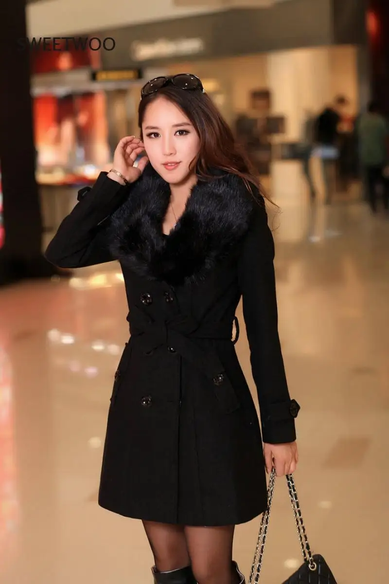 Womens Faux Fur Collar Solid Trench Coats Lady Slim Double Breasted Woolen Jackets Coat New Autumn Winter Female Outwear 5Xl