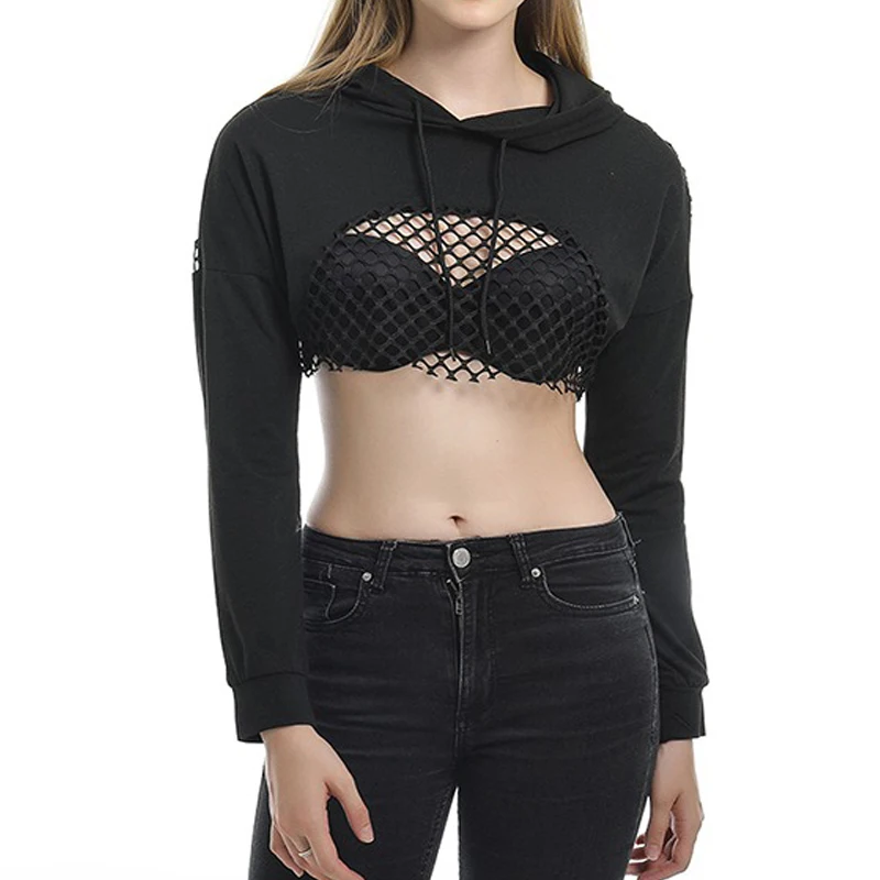 

GAOKE Sexy Womens Sweatshirts Hoodie Crop Tops Mesh Patchwork Long Sleeve Cropped Sweatshirt Hooded Pullover 2021 New Autumn