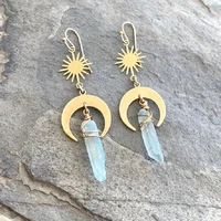 raw clear aura quartz healing crystal brass moonsun earringsdangle celestial earring for women pagan gift wicca gypsy jewelry