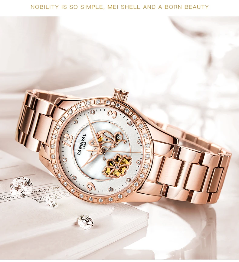 Reloj Mujer, карнавальные автоматические часы для женщин, модные механические Женские наручные часы, розовое золото, роскошный бренд, часы с скелетом