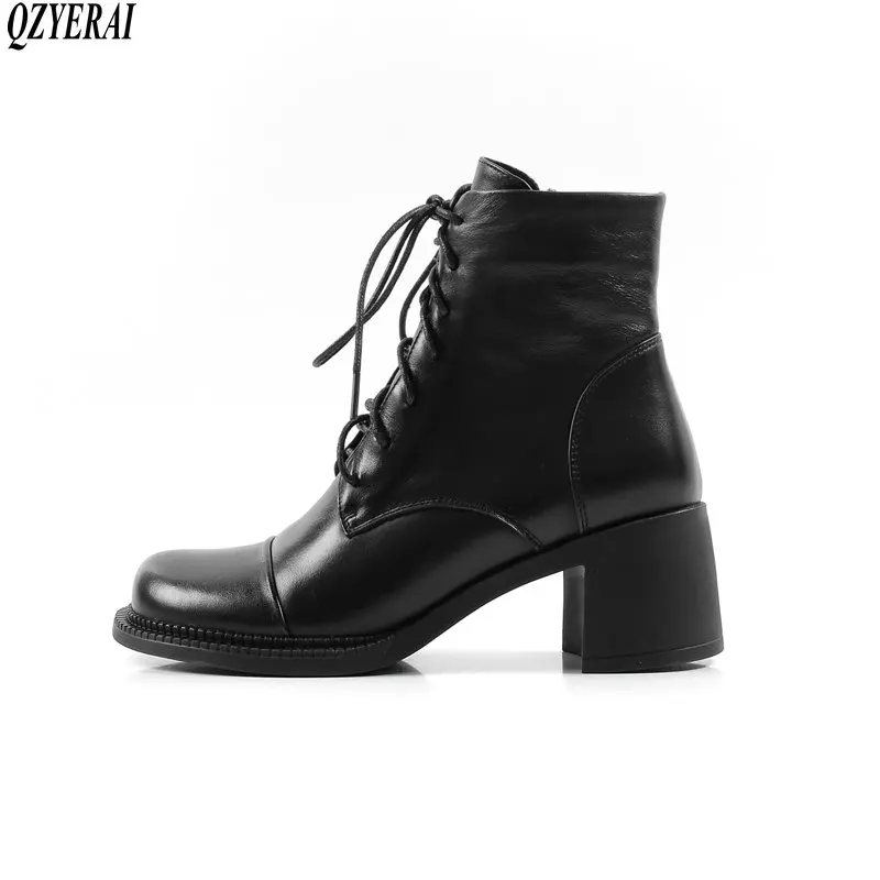 

QZYERAI 2020 new thick heel round head ankle boots Genuine leather lacing Martin boots thick sole thick heel casual rider boots