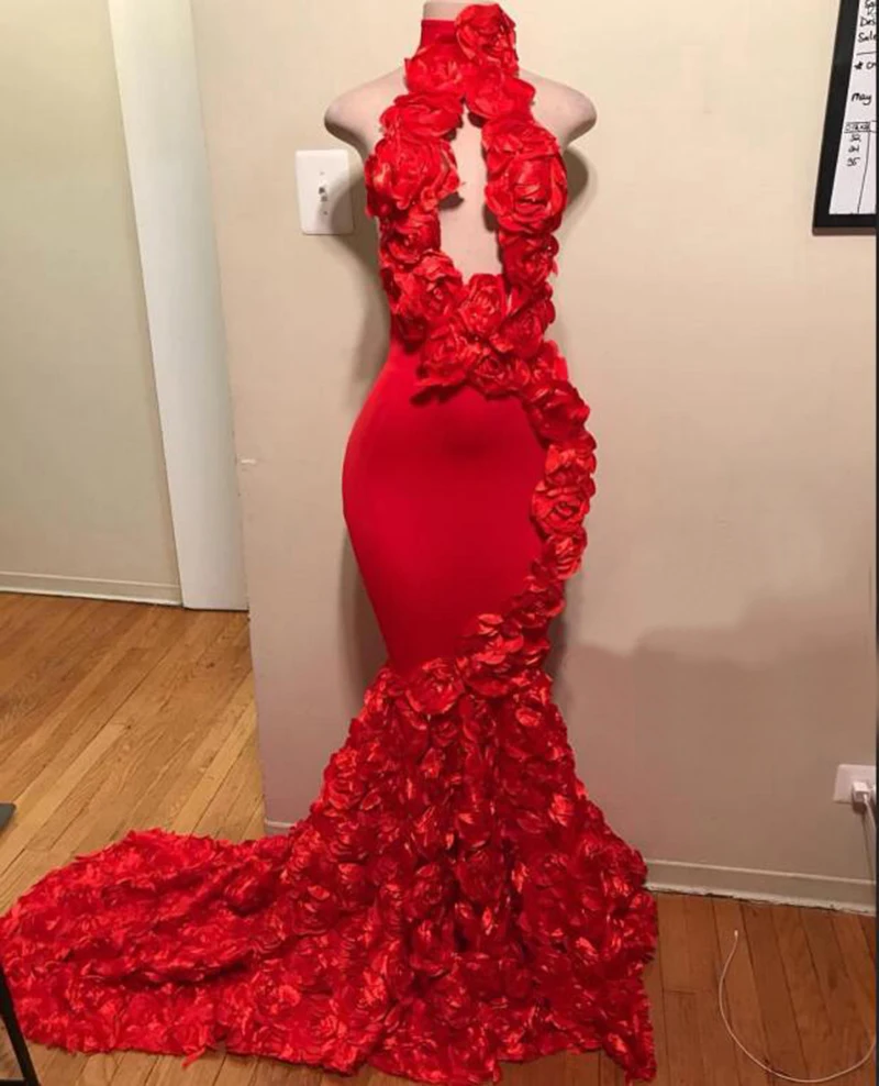 

Red Mermaid Arabic Dubai Prom Dress Long 2021 High Neck Cut-Out Front Handmade 3D Flowers Backless Evening Formal Gown Vestidos