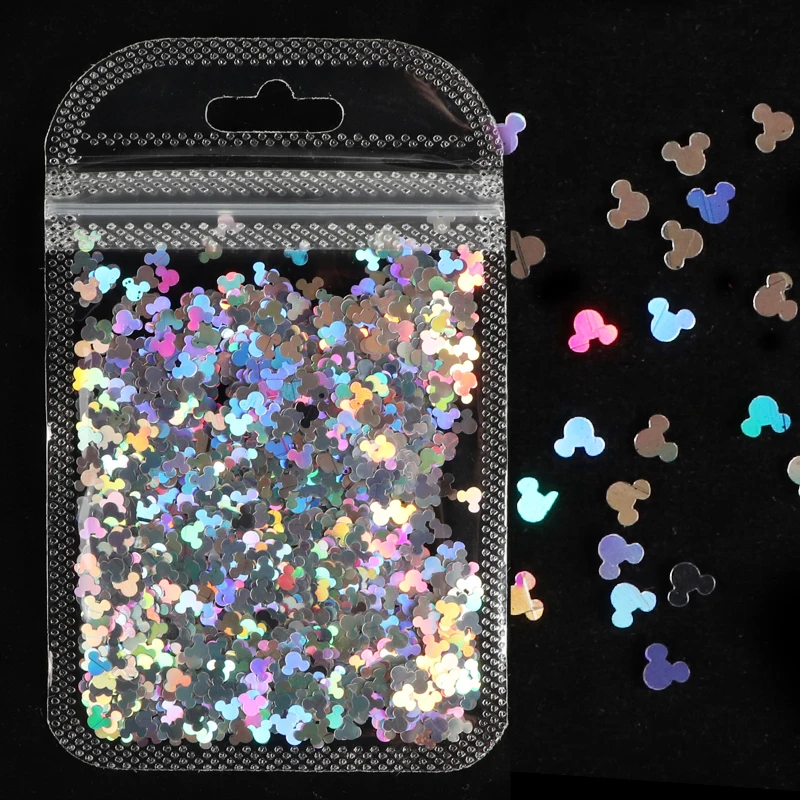 1 bolsa de arte hologr&aacute;fico para u&ntilde;as, lentejuelas brillantes, L&aacute;ser de dibujos animados, copos en forma de cabeza de rat&oacute;n, suministros de u&ntilde;as artesanales para accesorios profesionales-0