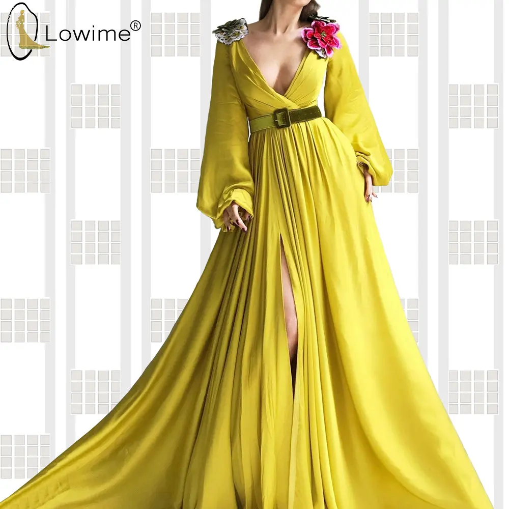

Мусульманское вечернее платье с длинным рукавом, желтое ТРАПЕЦИЕВИДНОЕ сексуальное платье с глубоким V-образным вырезом, летнее платье для ...