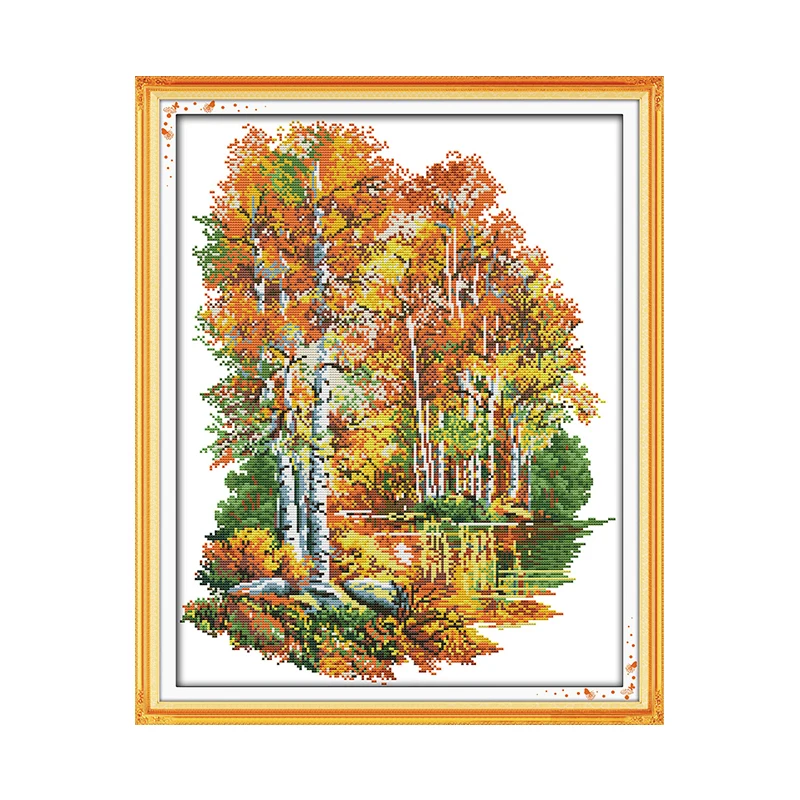 In The Autumn Of Birches Cross Stitch Fabric Aida 14ct 11ct Counted Print On Canvas DMC DIY Handmade Needlework Embroidery Kits