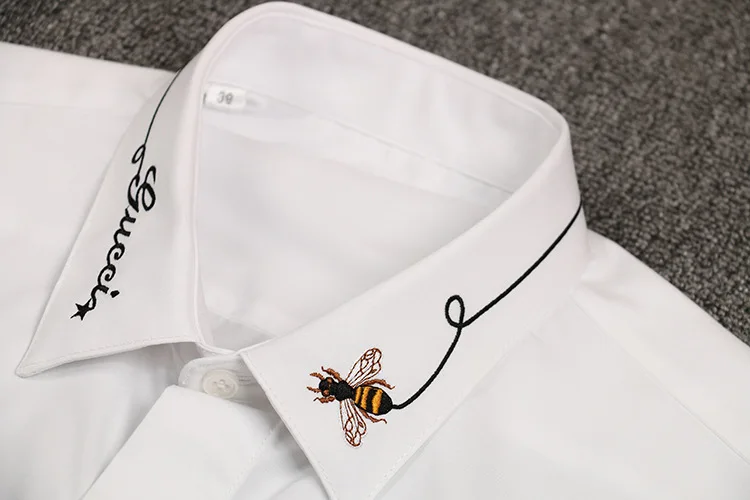 Autumn and winter new men's long-sleeved shirt fashion slim bee embroidered black and white  shirt for men