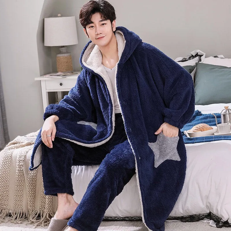 Winter Men's Nightgown Suit Soft Warm Coral Fleece Nightgown Pajamas for Men Warm Bathrobe Gown Robes Sets pyjama pour femme