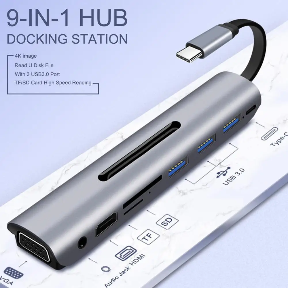 9 в 1 usb type C концентратор адаптер с 4K HDMI выход Ethernet Тип зарядное устройство
