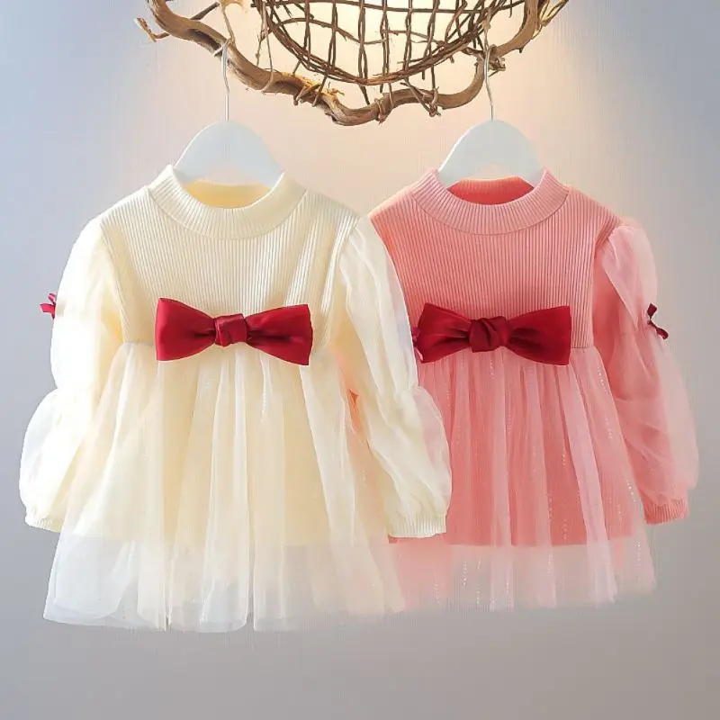 

Elegant Girls' Sweet Bow Puffy Dresses Spring Pink Puff Sleeve Mesh Dress Casual Daily Children Knitting Clothing