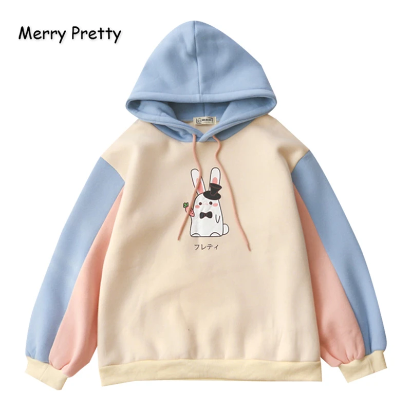 MERRY PRETTY женские толстовки с капюшоном мультфильм кролик лоскутное Harajuku лоскутное толстовки зимние плюс бархат пуловеры