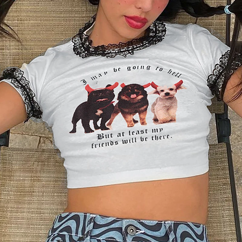 

Женская футболка с кружевной отделкой, Стильные топы с коротким рукавом и принтом собаки, повседневная одежда, футболки для женщин, женская ...