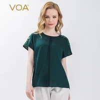 voa dark green silk jacquard round neck organ pleated shoulder hollow embroidered mesh short sleeve freehand bat shirt women b52
