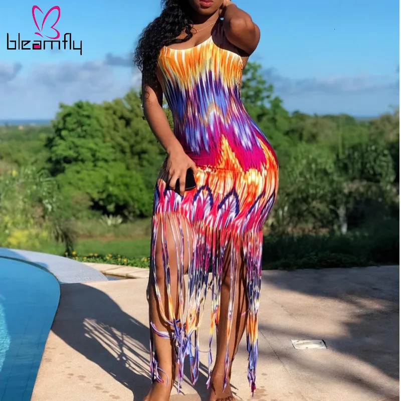 Осень Для женщин тай дай волна из набивной ткани с кисточками по краю миди