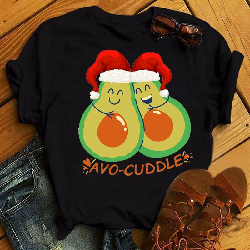

Casual T-shirt Cute Avocado Christmas Print Women's Black Tops Tee Kawaii Christmas Avocado Women Fashion T-shirt