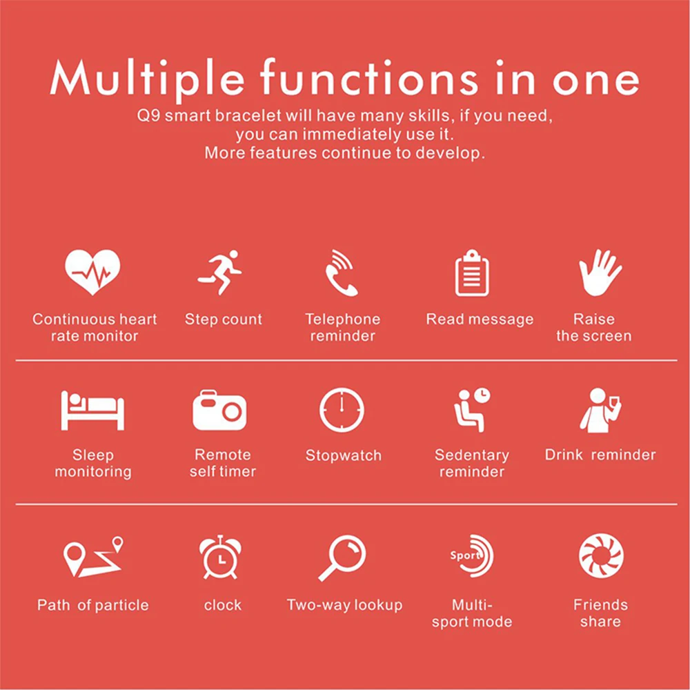 

FLOVEME Q9 Screen Heart Rate blood pressure Sport Smart Watch Bracelet Smartwatch for Men/Women/Kids IP67 Waterproof Smartband