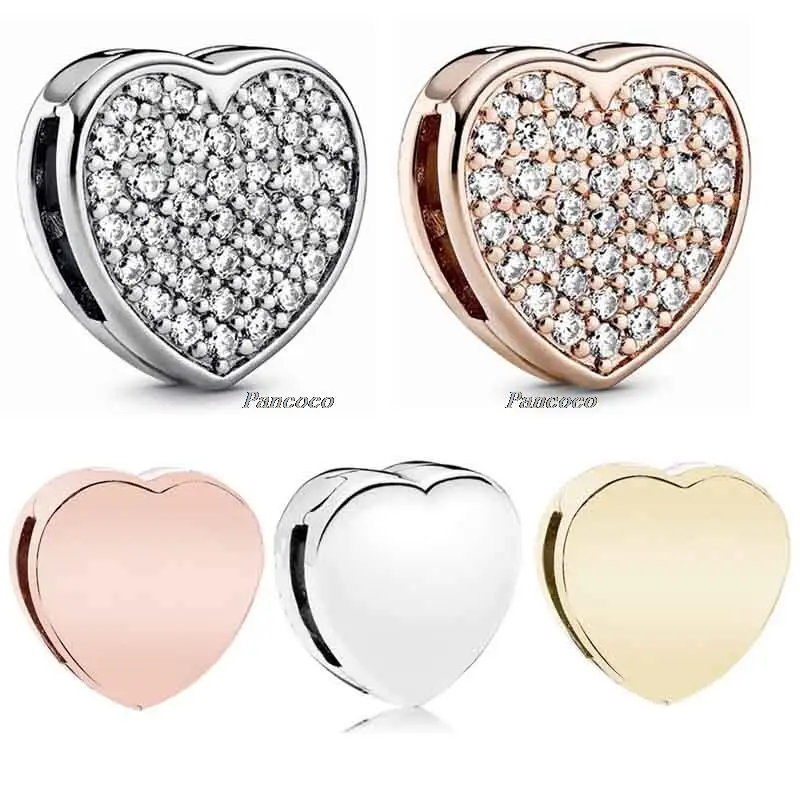 

925 Sterling Silver Charm Reflexions Pave Rose Heart With Crystal Clip Stopper Beads Fit Women Pan Bracelet Diy Jewelry