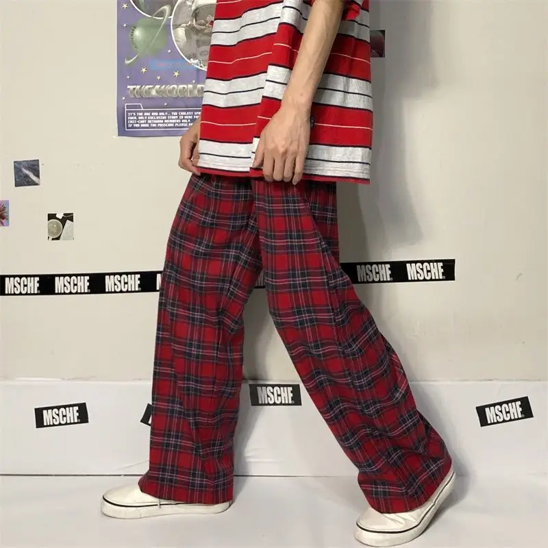 

Красные клетчатые брюки FAKUNTN в стиле Харадзюку, женская готическая уличная одежда, клетчатые брюки 2021, корейская мода, широкие спортивные бр...