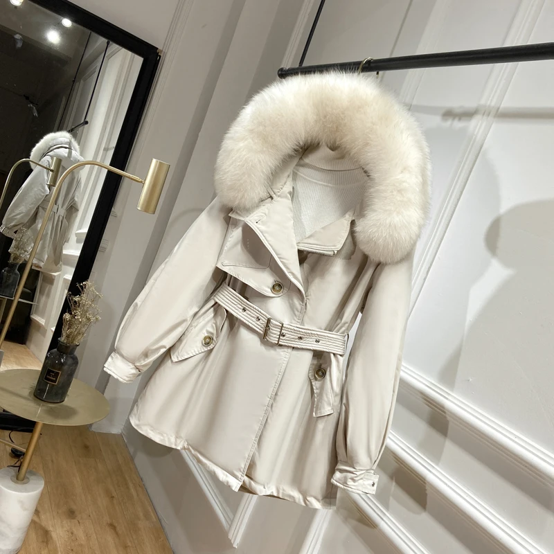 

Trendy New Winter Women Real Fox Fur Collar Hooded Down Parkas 90% White Duck Down Coat Thick Warm Snow Windbreaker Outwer