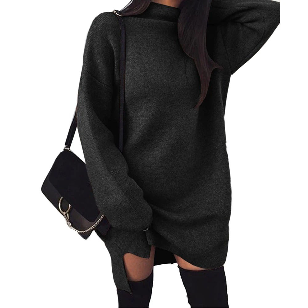 Winter Women Solid Color Loose Turtleneck Long Sleeve Warm Knitted Sweater Dress high neck loose knit split dress sweater | Женская