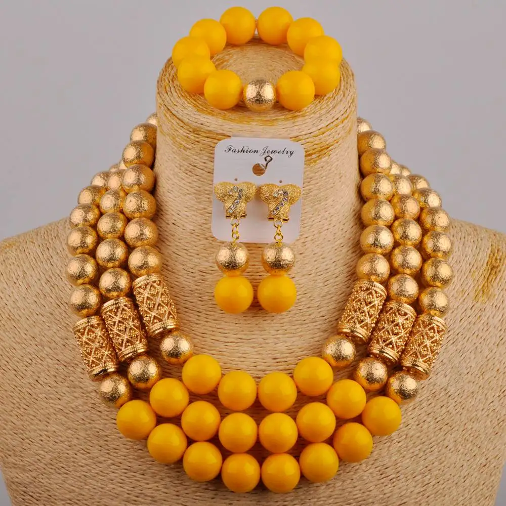 

Romantic Wedding Jewelry Nigerian Bride Wedding Dress Accessories Yellow Glass Pearl Necklace African Women Jewelry Set SH-168
