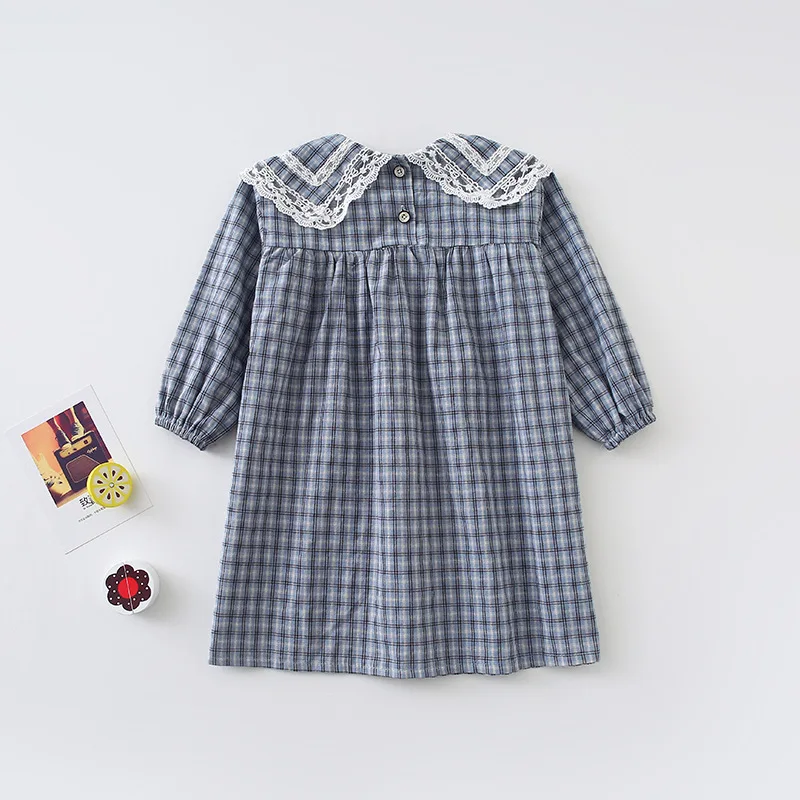 Baby Girls Plaid Dress Korean Style Autumn New Chic Children Princess Dresses Lace Collar Robe Toddlers Kids Clothes
